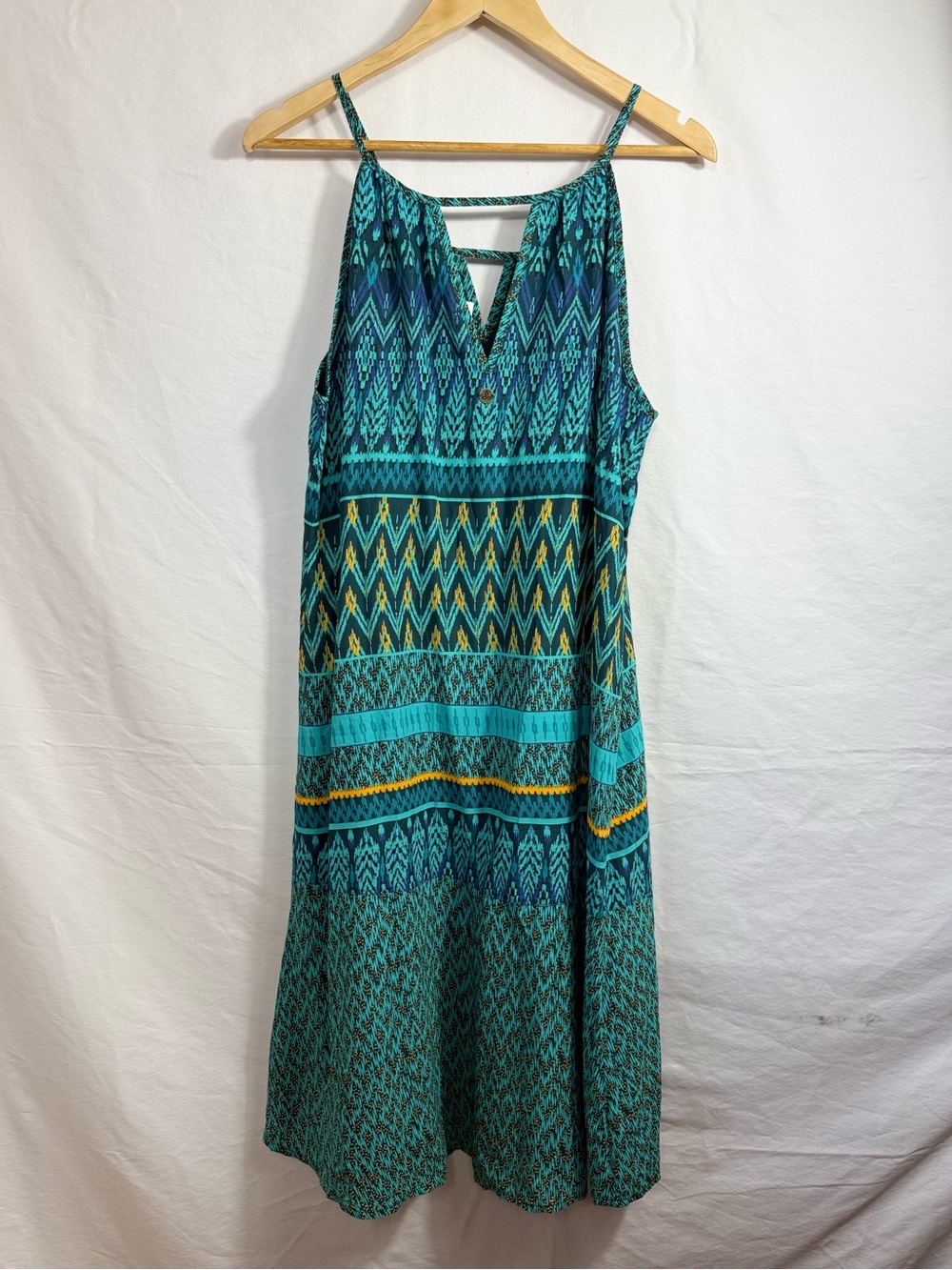 prAna Nari Midi Dress in a vibrant green and blue geometric/tribal pattern - Picture 3 of 6